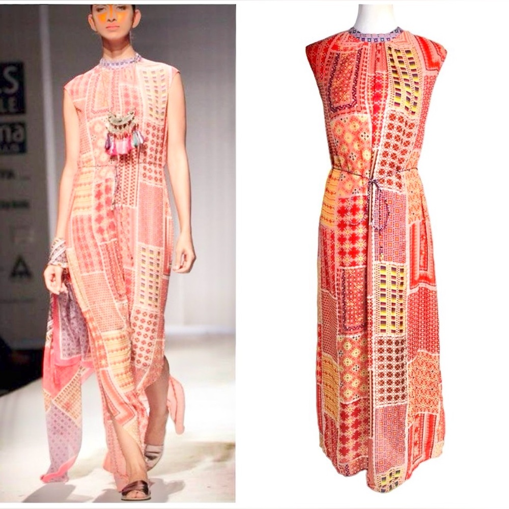 Anthropologie Tanvi Kedia Maxi Lined Beaded Patchwork Boho Sol Side Slits Red S